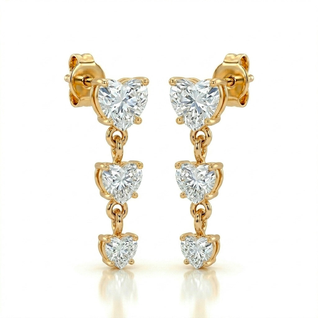 Yellow Gold Heart Three Stone Drop Earrings