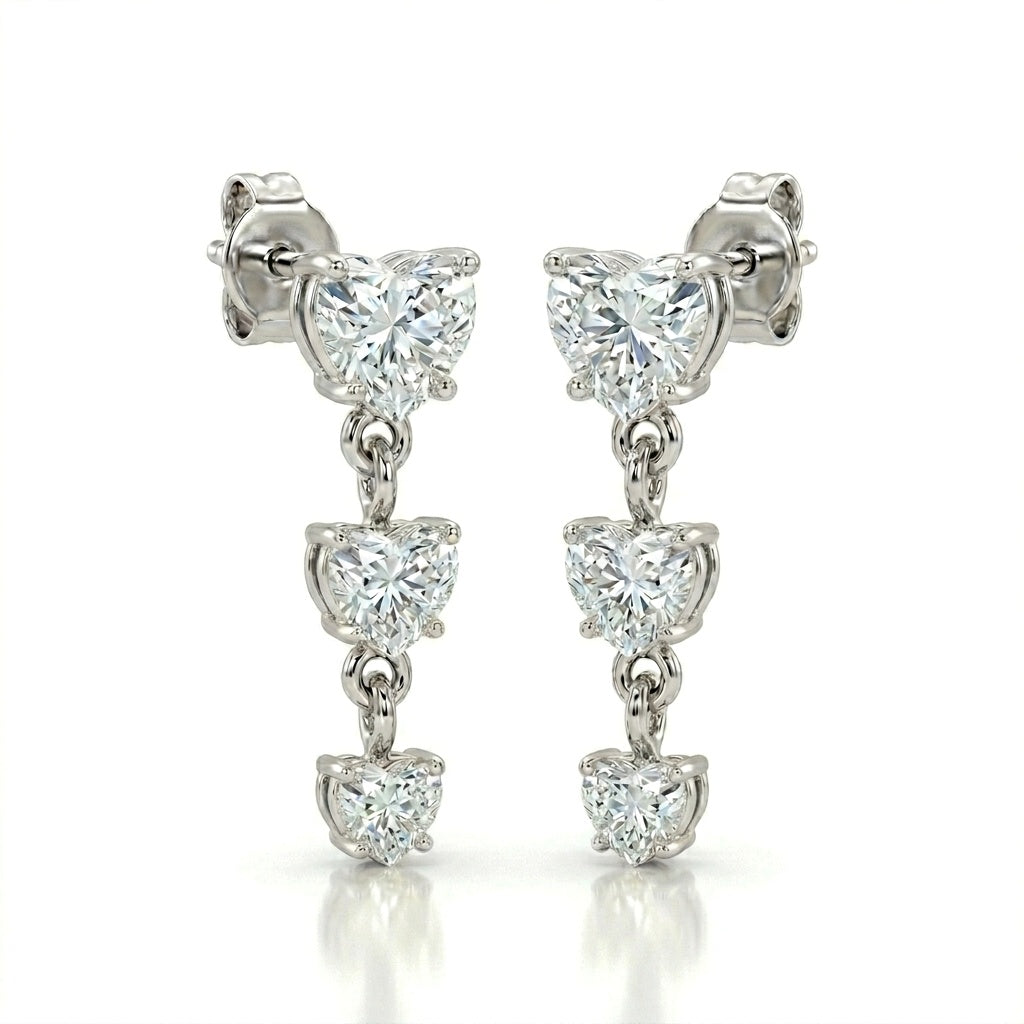 White Gold Heart Three Stone Drop Earrings