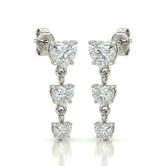White Gold Heart Three Stone Drop Earrings
