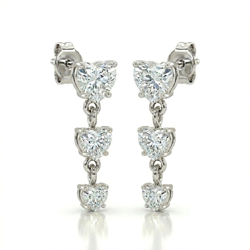 Silver Heart Three Stone Drop Earrings