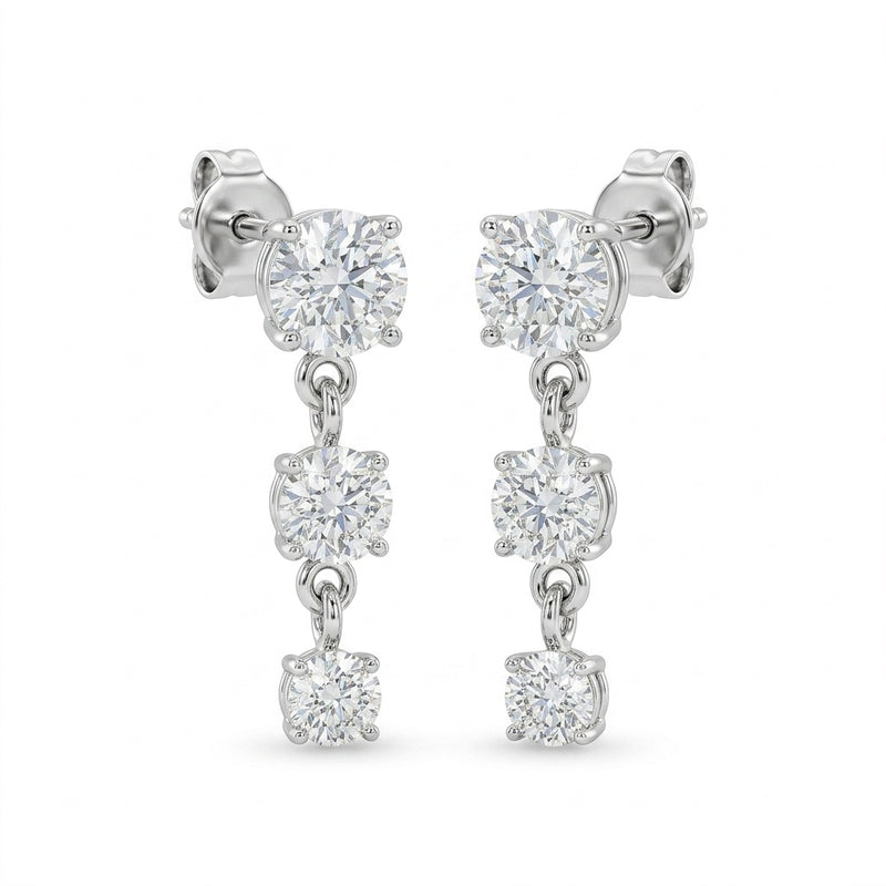 White Gold Round Three Stone Drop Earrings