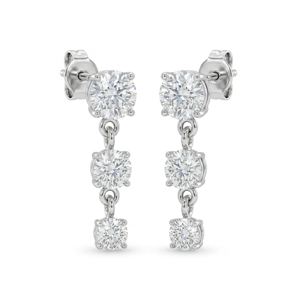 Silver Round Three Stone Drop Earrings