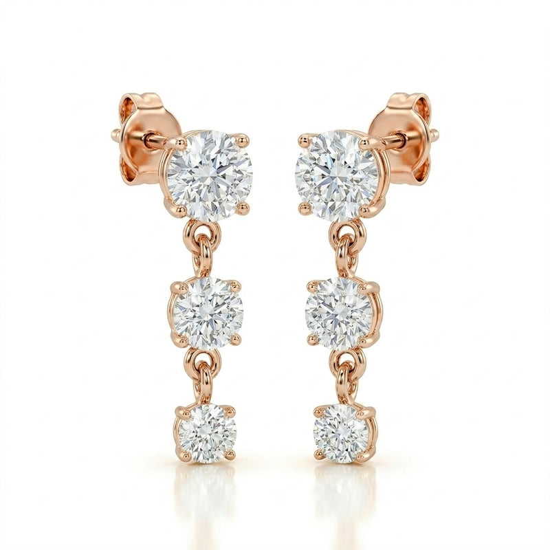 Rose Gold Round Three Stone Drop Earrings