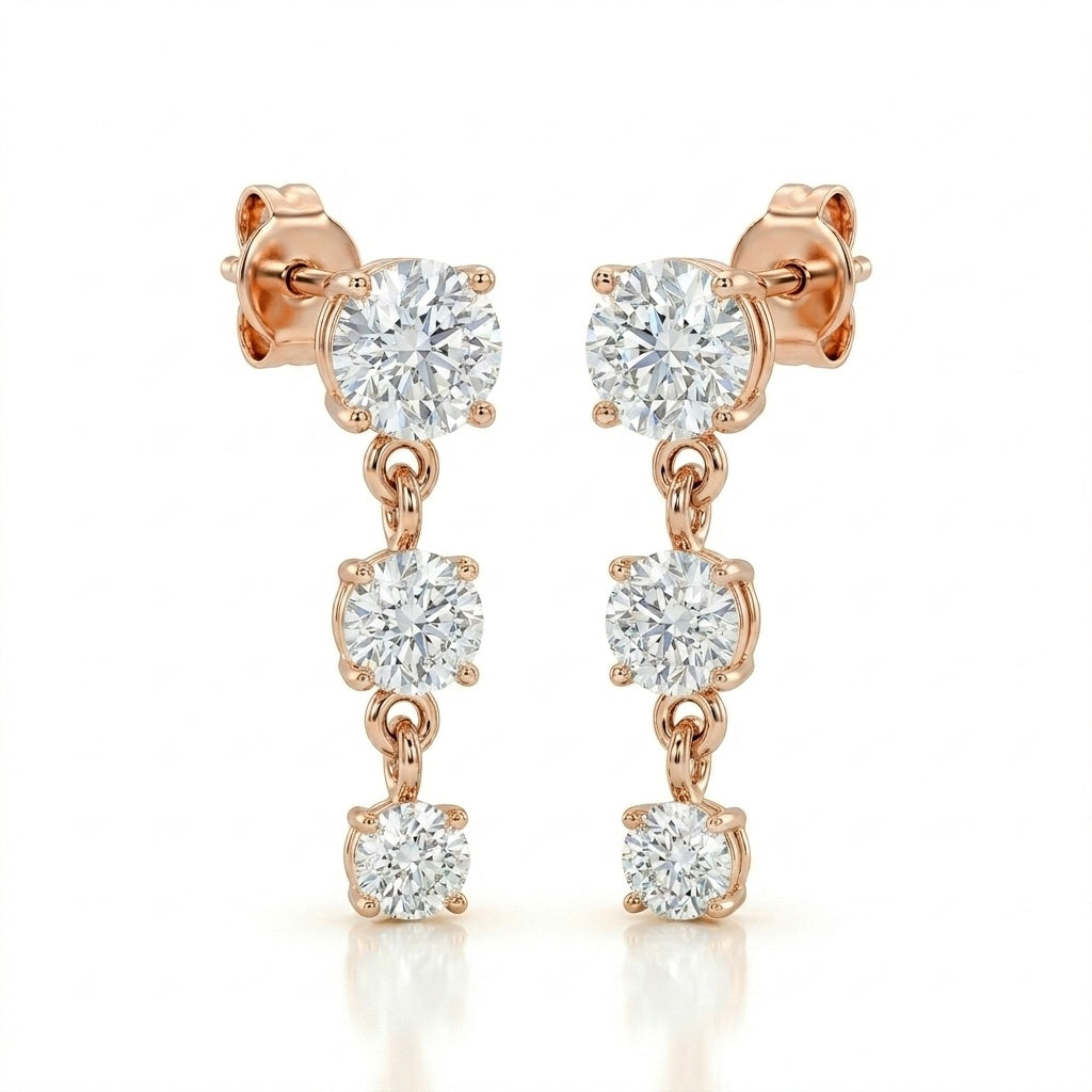 Rose Gold Round Three Stone Drop Earrings
