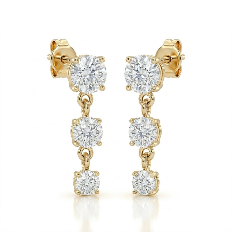Yellow Gold Round Three Stone Drop Earrings
