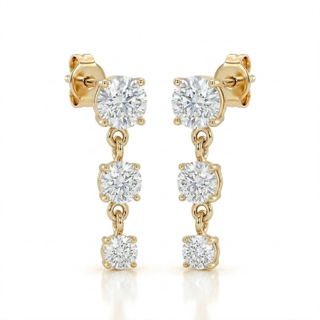 Yellow Gold Round Three Stone Drop Earrings