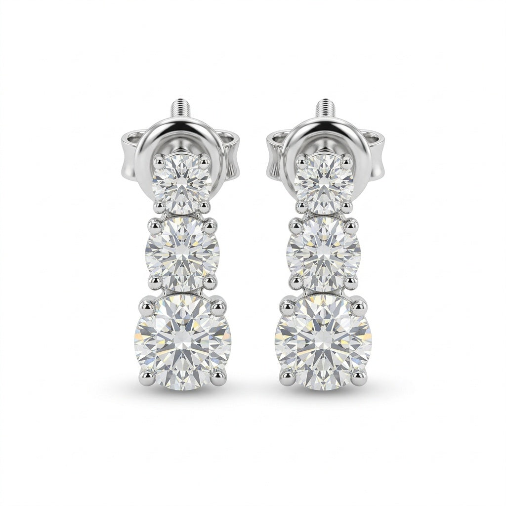 Silver Round Graduated Three Stone Drop Earrings