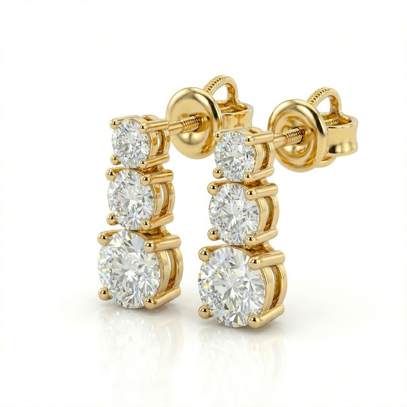Yellow Gold Round Graduated Three Stone Drop Earrings
