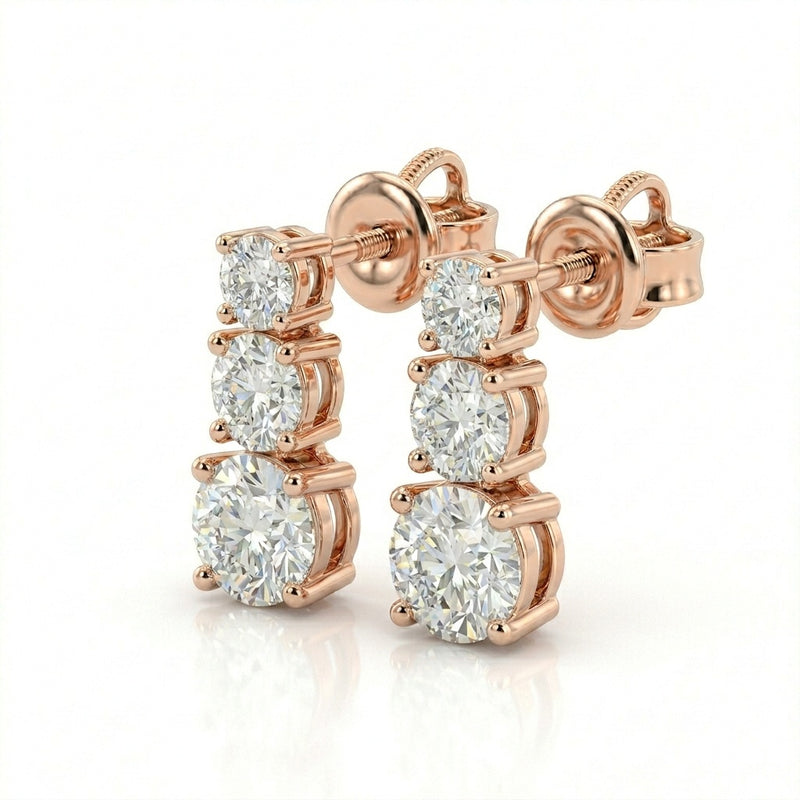 Rose Gold Round Graduated Three Stone Drop Earrings