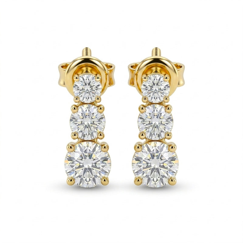 Yellow Gold Round Graduated Three Stone Drop Earrings