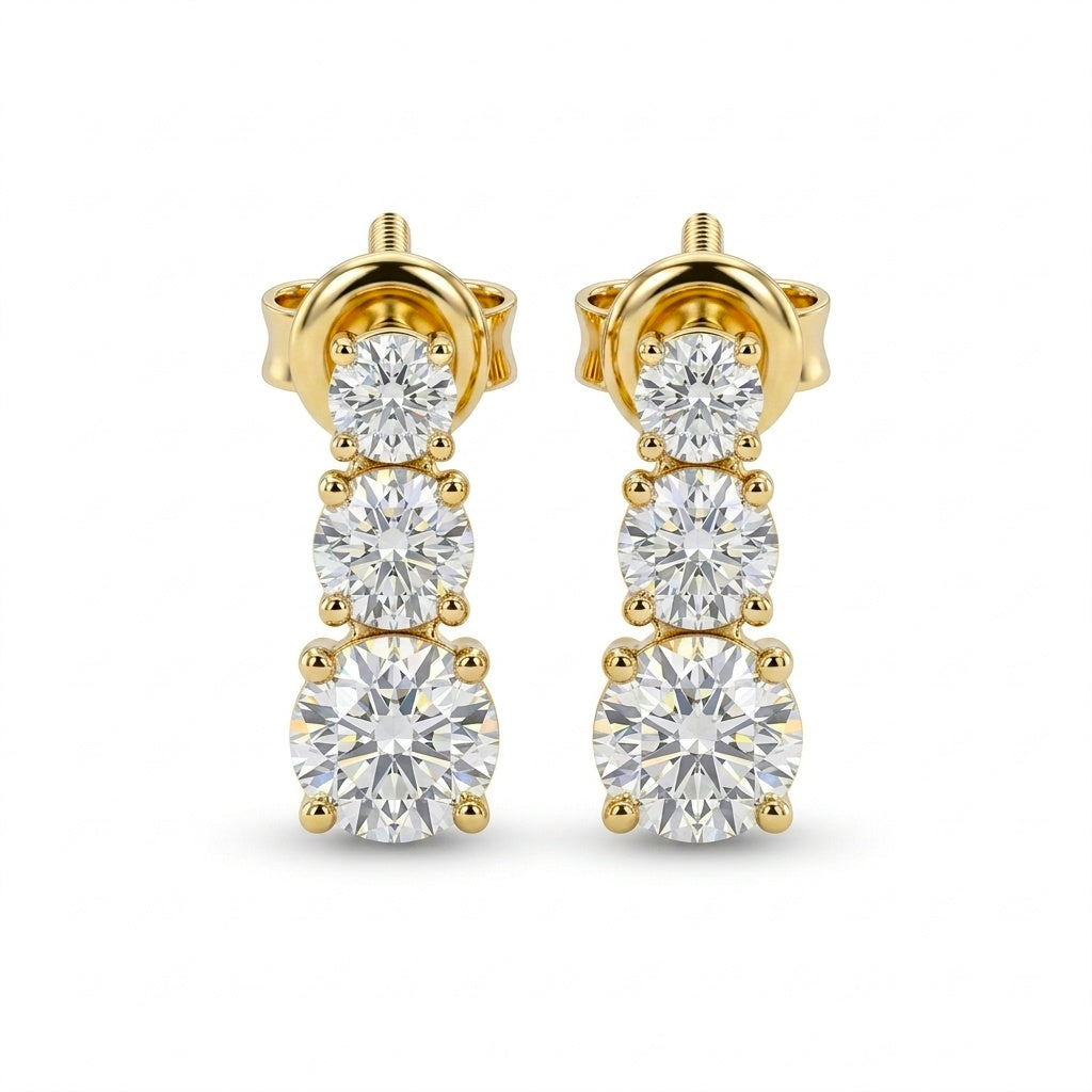 Yellow Gold Round Graduated Three Stone Drop Earrings