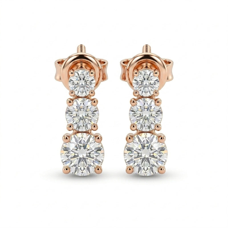 Rose Gold Round Graduated Three Stone Drop Earrings