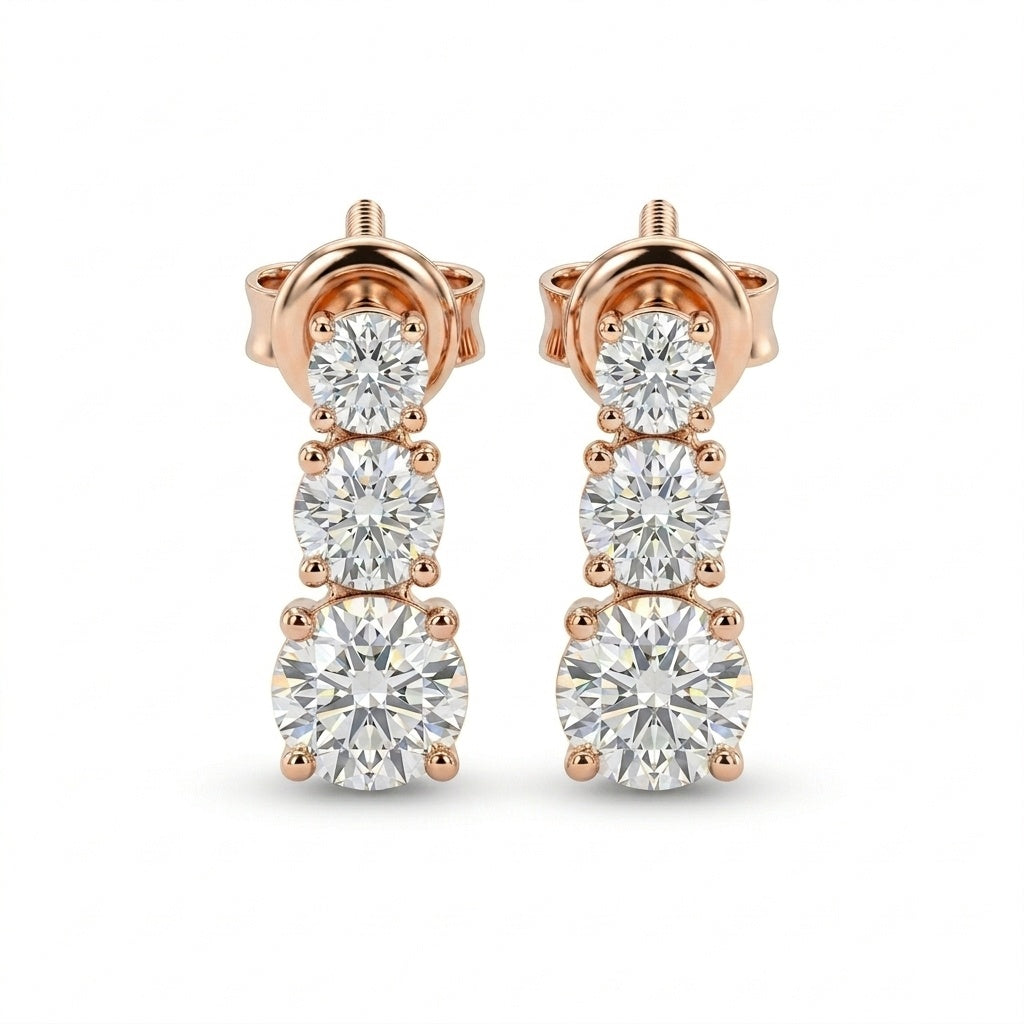 Rose Gold Round Graduated Three Stone Drop Earrings
