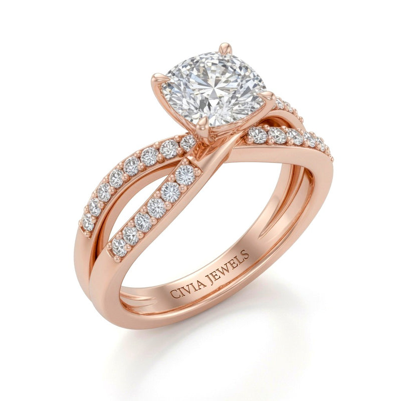 Rose Gold Cushion Diamond Bypass Engagement Ring With Pavé Crossover Band