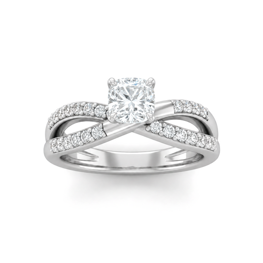 Silver Cushion Diamond Bypass Engagement Ring With Pavé Crossover Band