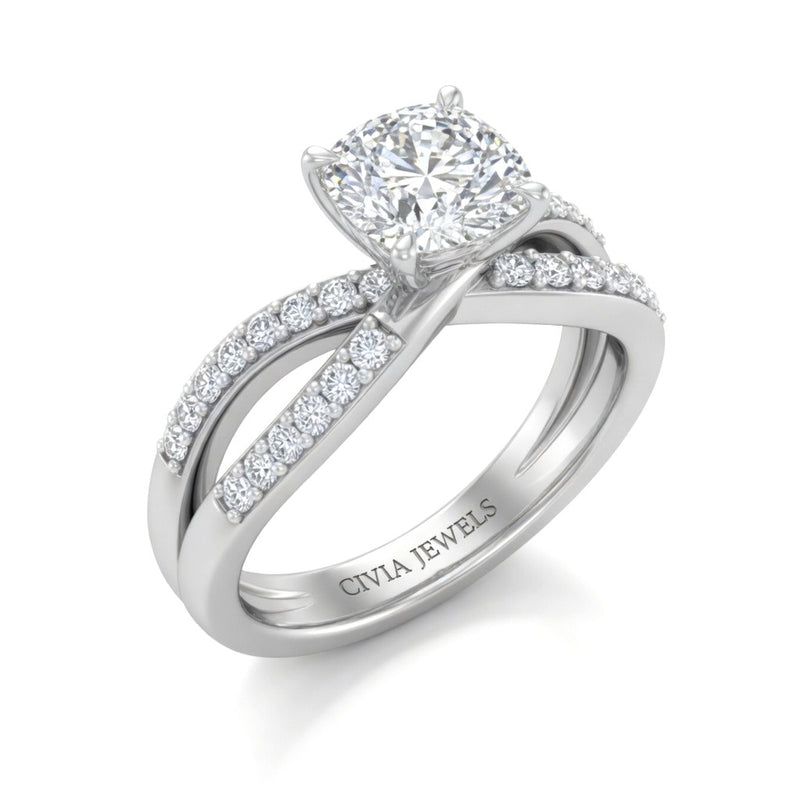 White Gold Cushion Diamond Bypass Engagement Ring With Pavé Crossover Band