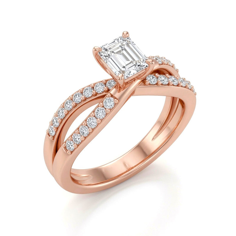 Rose Gold Emerald Diamond Bypass Engagement Ring With Pavé Crossover Band