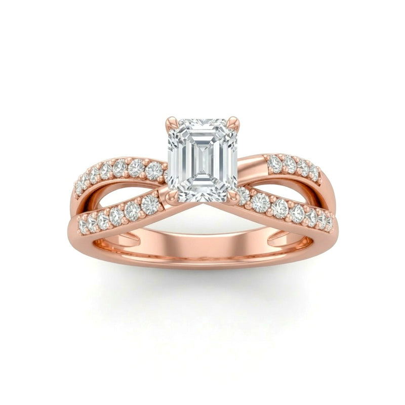 Rose Gold Emerald Diamond Bypass Engagement Ring With Pavé Crossover Band