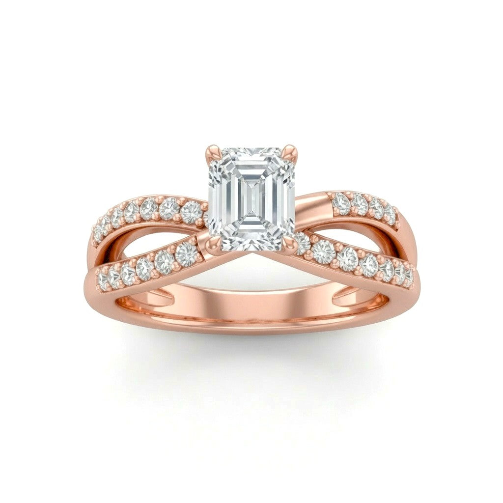 Rose Gold Emerald Diamond Bypass Engagement Ring With Pavé Crossover Band