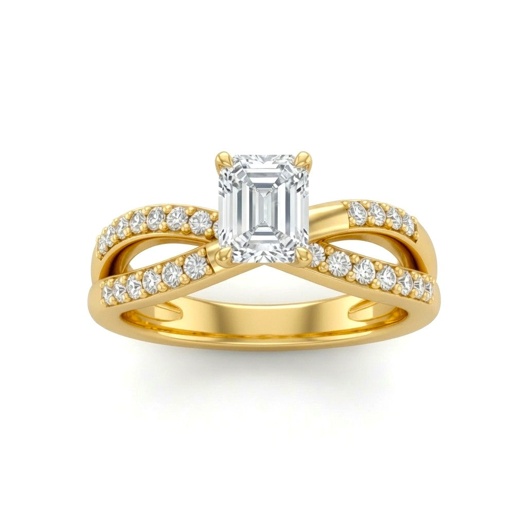 Yellow Gold Emerald Diamond Bypass Engagement Ring With Pavé Crossover Band