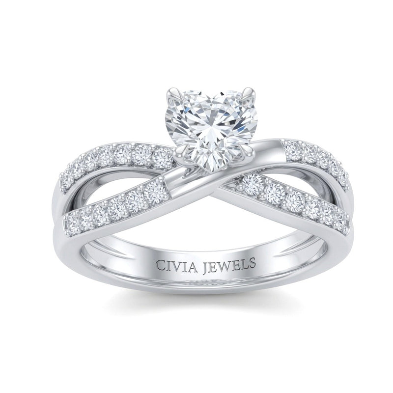 White Gold Heart Diamond Bypass Engagement Ring With Pavé Crossover Band
