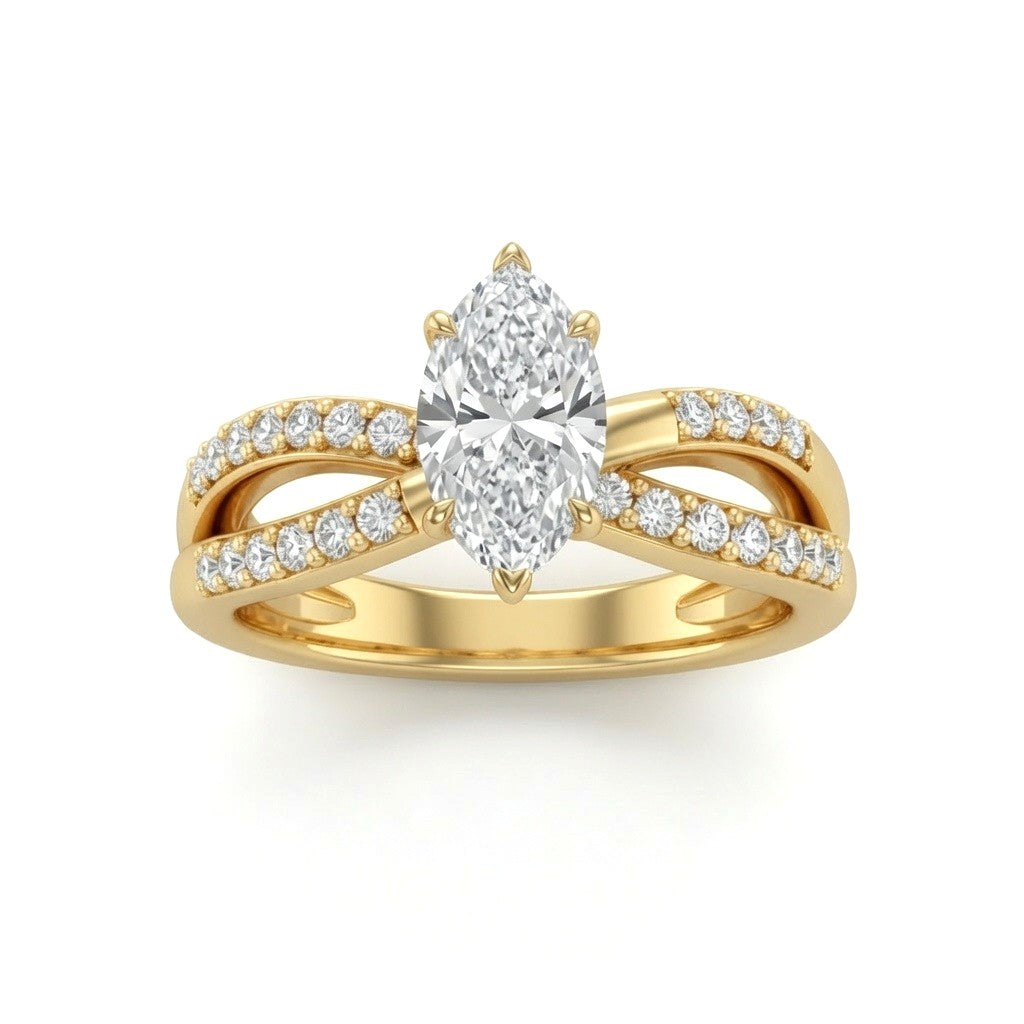 Yellow Gold Marquise Diamond Bypass Engagement Ring With Pavé Crossover Band