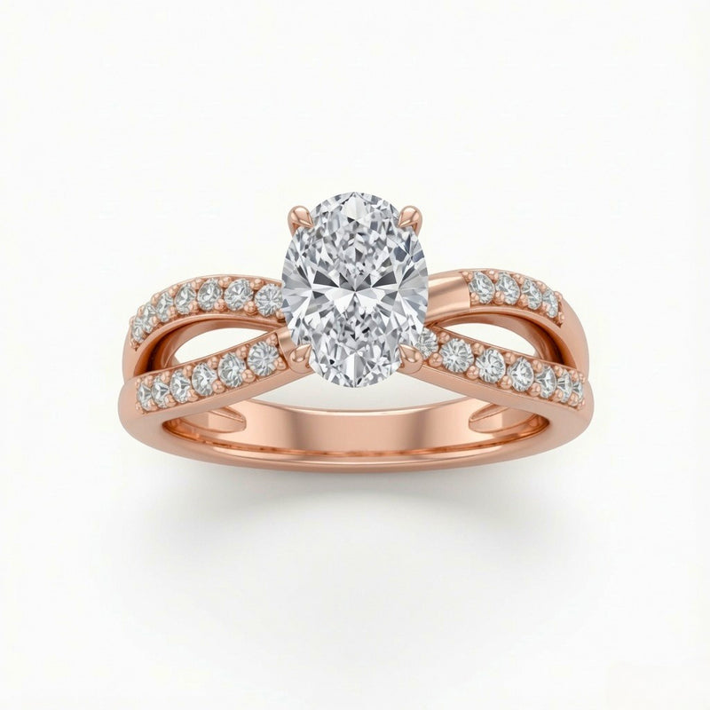 Rose Gold Oval Diamond Bypass Engagement Ring With Pavé Crossover Band