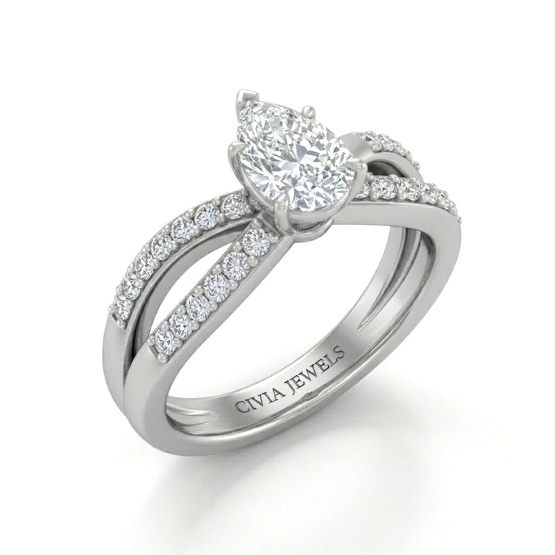 White Gold Pear Diamond Bypass Engagement Ring With Pavé Crossover Band