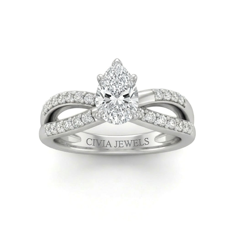 White Gold Pear Diamond Bypass Engagement Ring With Pavé Crossover Band
