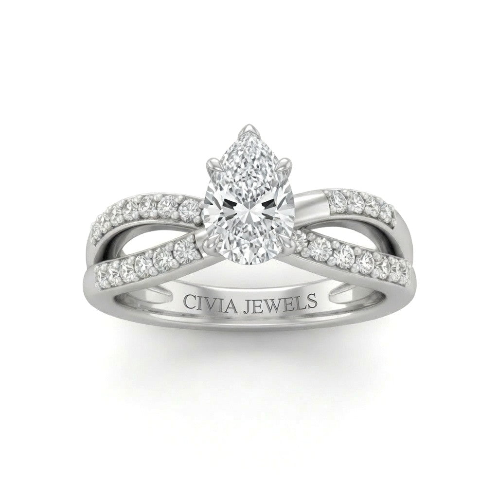 White Gold Pear Diamond Bypass Engagement Ring With Pavé Crossover Band