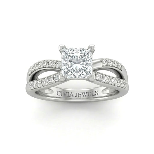 White Gold Princess Diamond Bypass Engagement Ring With Pavé Crossover Band