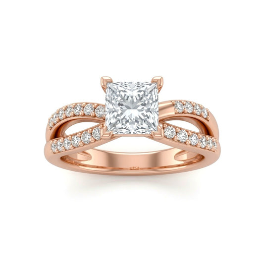 Rose Gold Princess Diamond Bypass Engagement Ring With Pavé Crossover Band