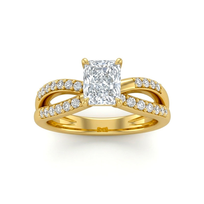 Yellow Gold Radiant Diamond Bypass Engagement Ring With Pavé Crossover Band