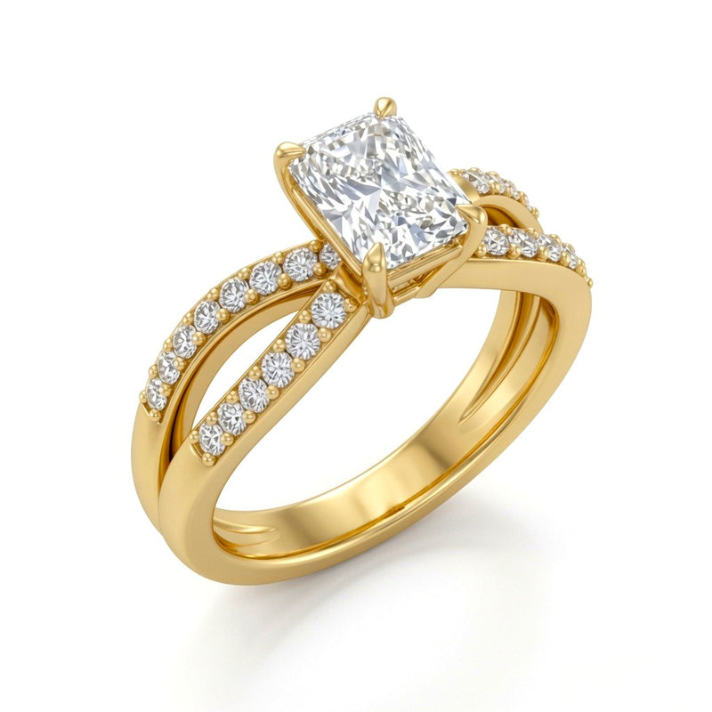 Yellow Gold Radiant Diamond Bypass Engagement Ring With Pavé Crossover Band