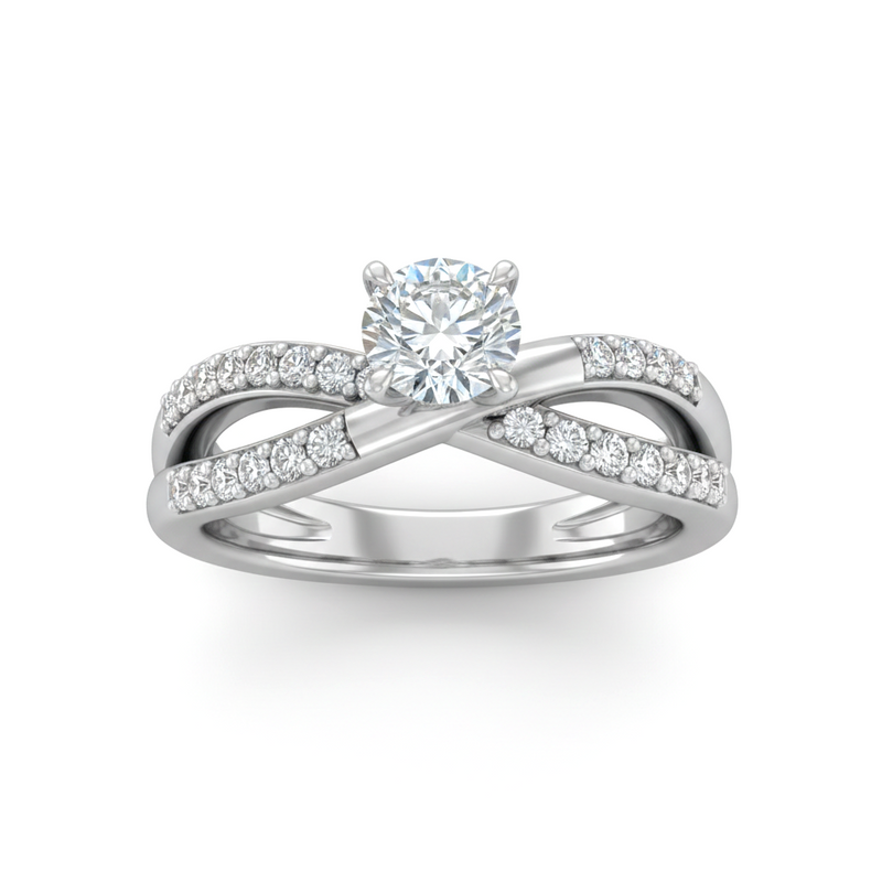 Silver Round Diamond Bypass Engagement Ring With Pavé Crossover Band