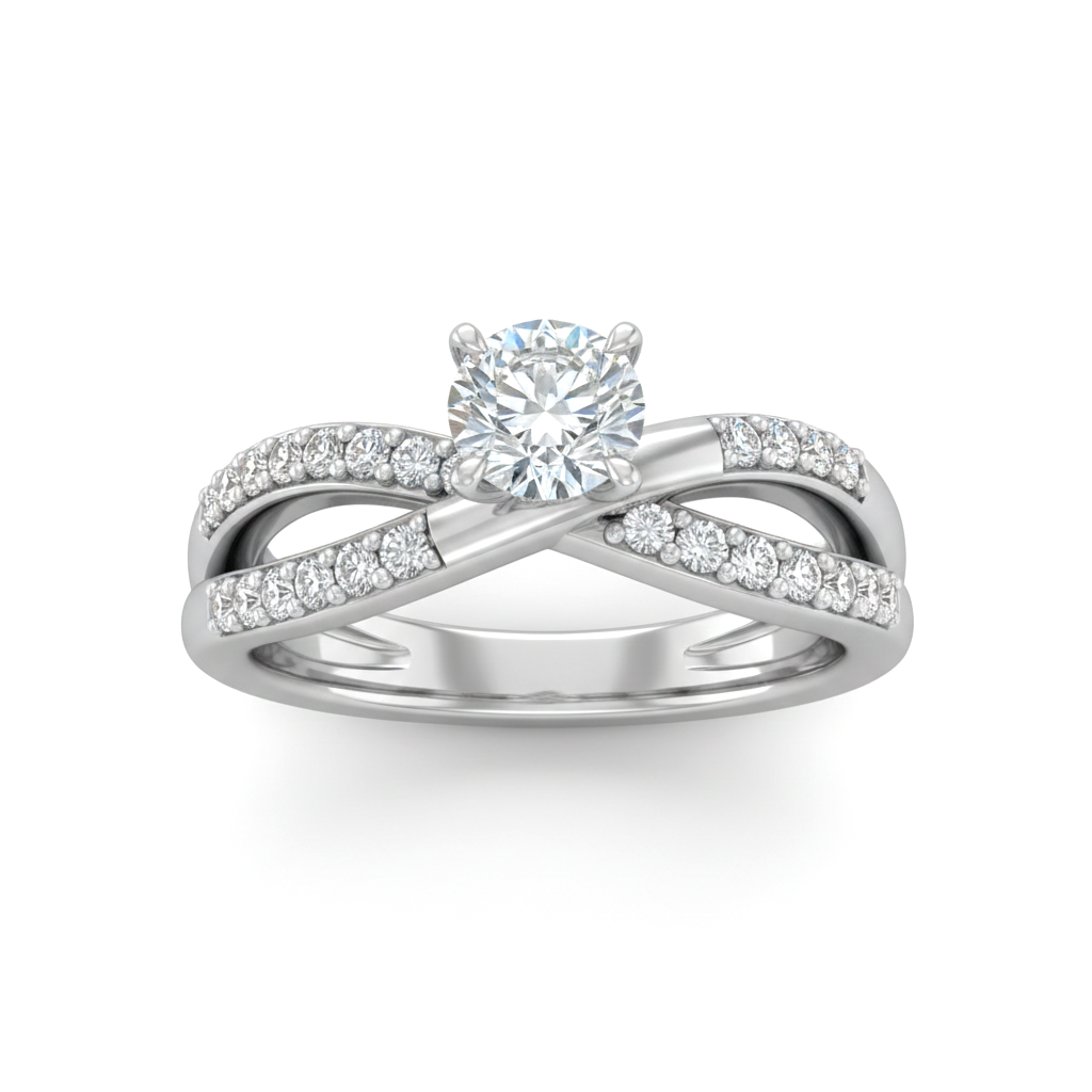 Silver Round Diamond Bypass Engagement Ring With Pavé Crossover Band