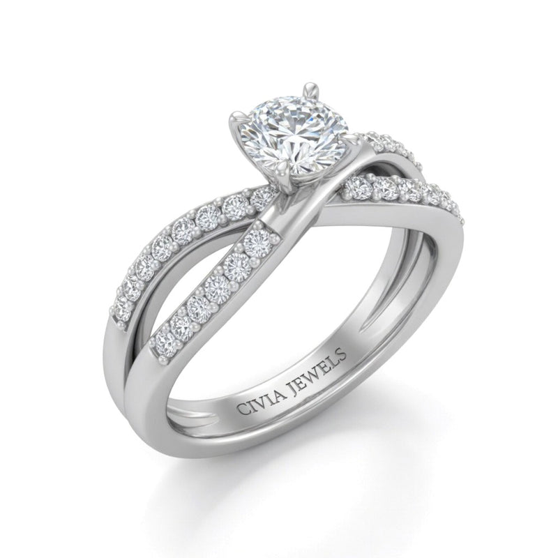 Silver Round Diamond Bypass Engagement Ring With Pavé Crossover Band