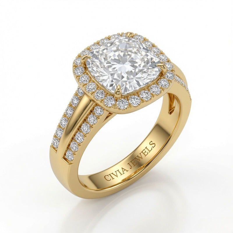 Yellow Gold Cushion Cut Diamond Halo Engagement Ring With Split Pave Shank