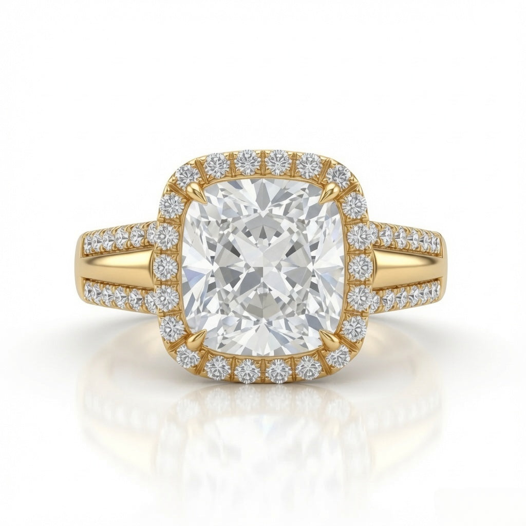 Yellow Gold Cushion Cut Diamond Halo Engagement Ring With Split Pave Shank