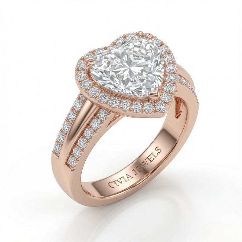 Rose Gold Heart Cut Diamond Halo Engagement Ring With Split Pave Shank