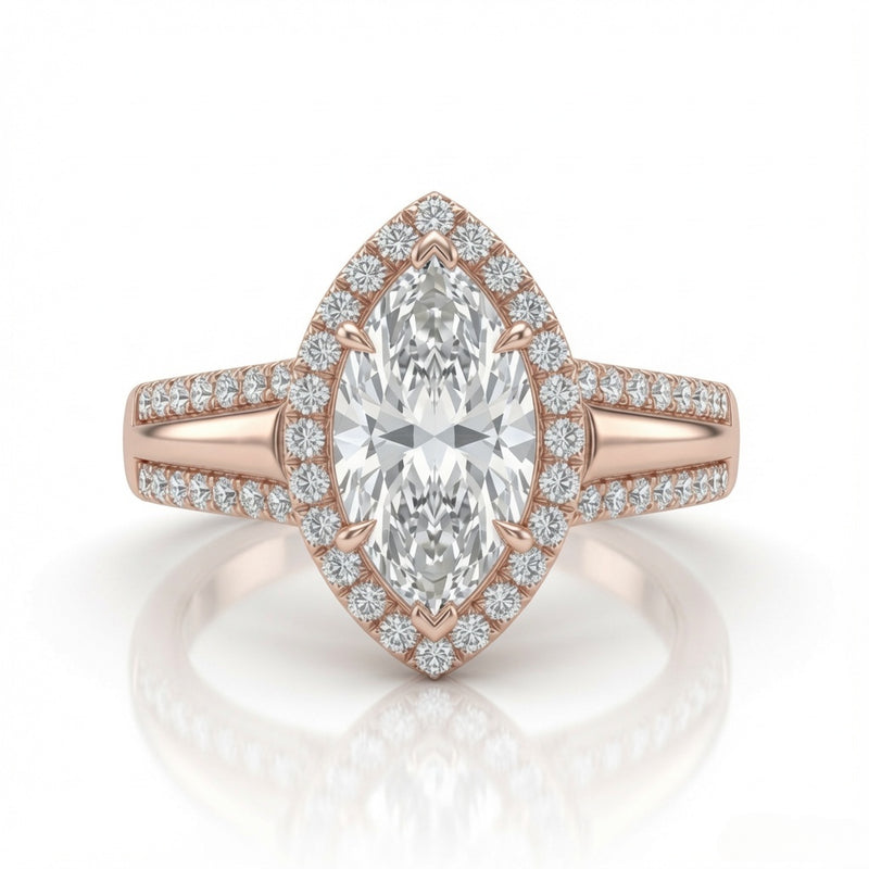 Rose Gold Marquise Cut Diamond Halo Engagement Ring With Split Pave Shank