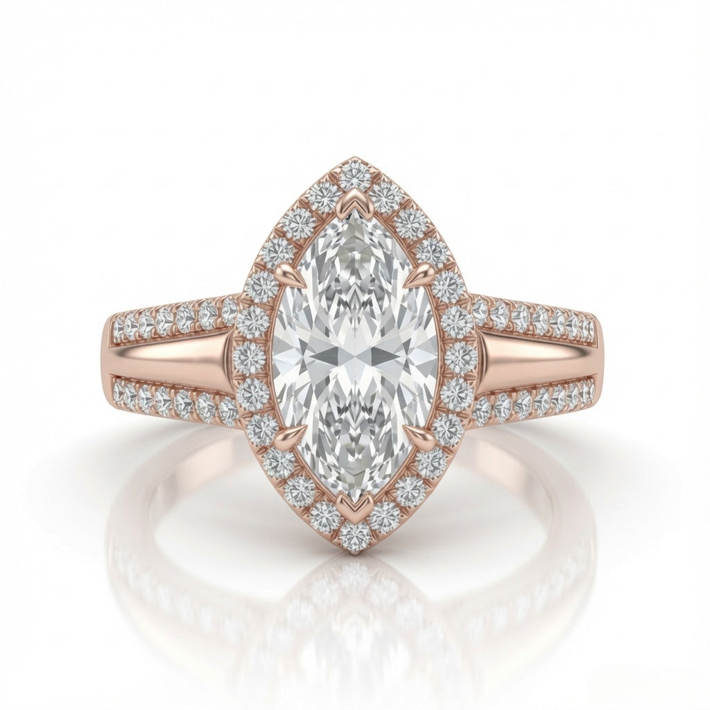Rose Gold Marquise Cut Diamond Halo Engagement Ring With Split Pave Shank