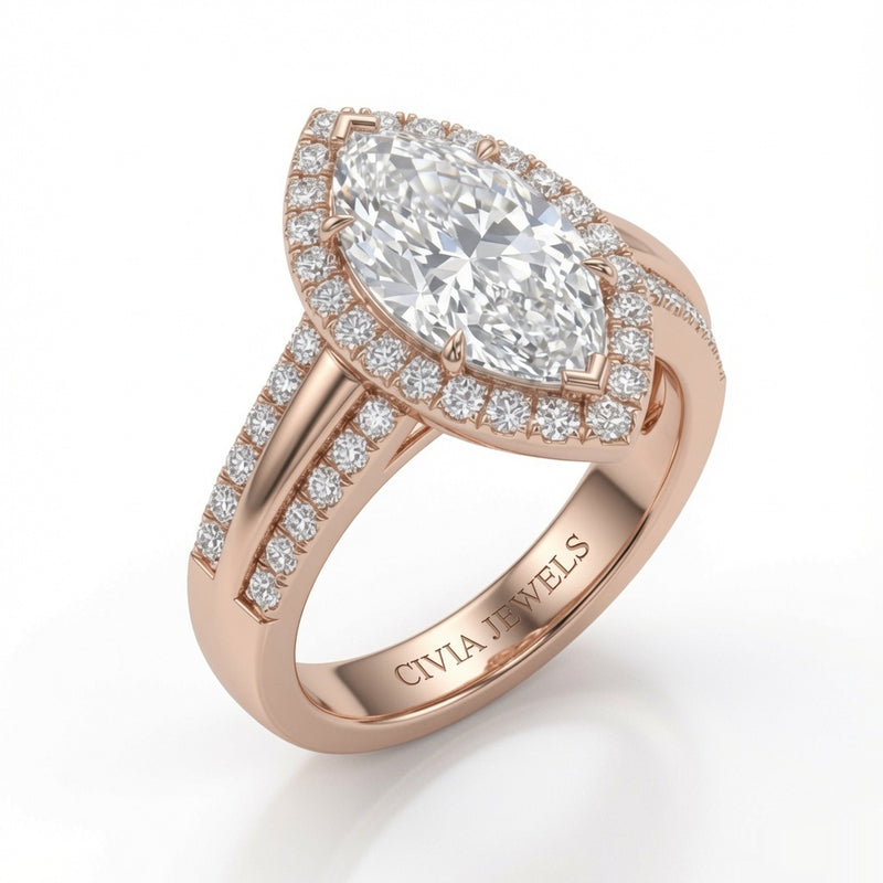 Rose Gold Marquise Cut Diamond Halo Engagement Ring With Split Pave Shank