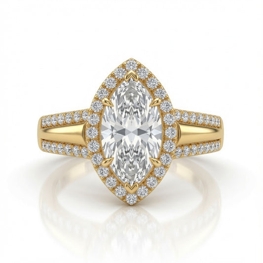 Yellow Gold Marquise Cut Diamond Halo Engagement Ring With Split Pave Shank