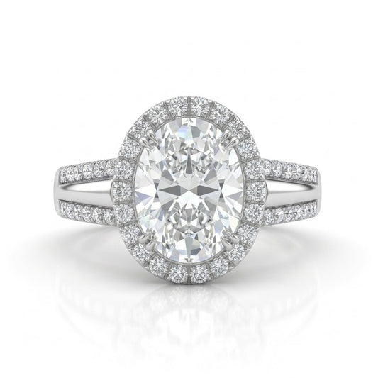 Silver Oval Cut Diamond Halo Engagement Ring With Split Pave Shank