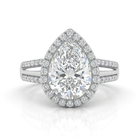 Silver Pear Cut Diamond Halo Engagement Ring With Split Pave Shank