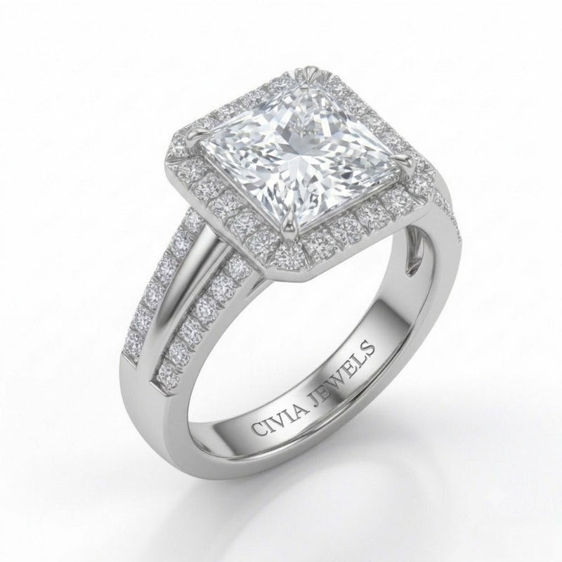 White Gold Princess Cut Diamond Halo Engagement Ring With Split Pave Shank