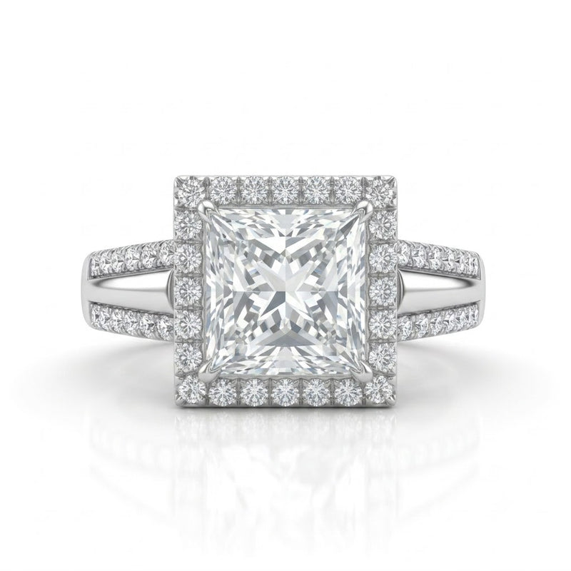 White Gold Princess Cut Diamond Halo Engagement Ring With Split Pave Shank