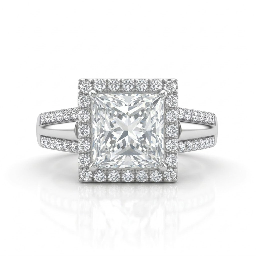 White Gold Princess Cut Diamond Halo Engagement Ring With Split Pave Shank