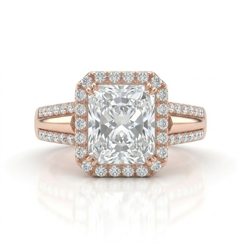 Rose Gold Radiant Cut Diamond Halo Engagement Ring With Split Pave Shank